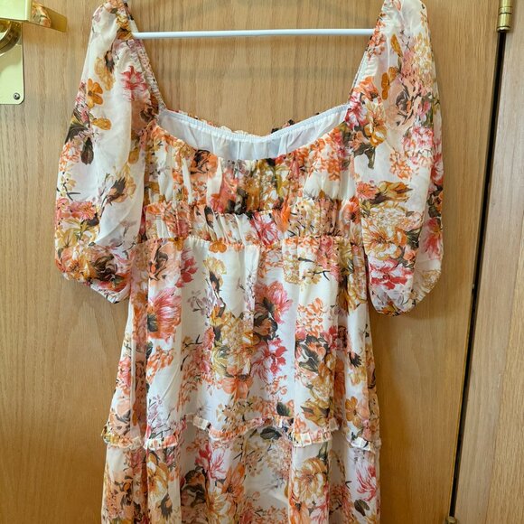 EUC Shien Flowy & Floral Chiffon Mini Dress with Puffy Half Sleeves - Picture 4 of 4